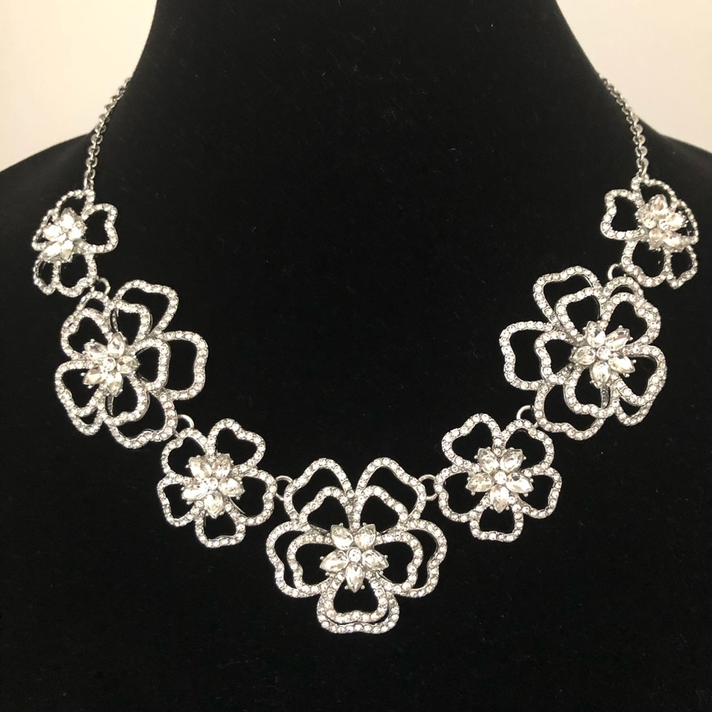 Silver-Tone Crystal 3D Flower Statement Necklace